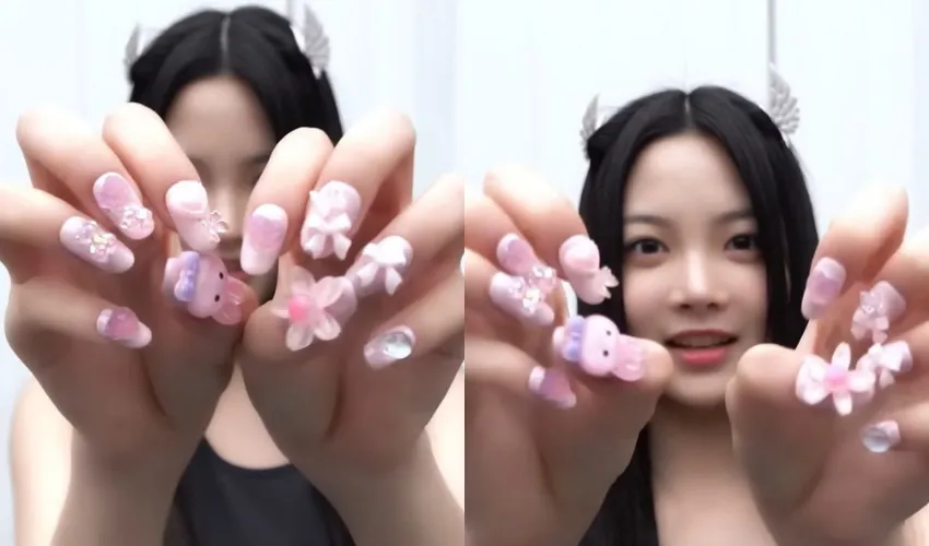 Làm nail 3D hồng pastel theo phong cách idol K-pop Eunchae