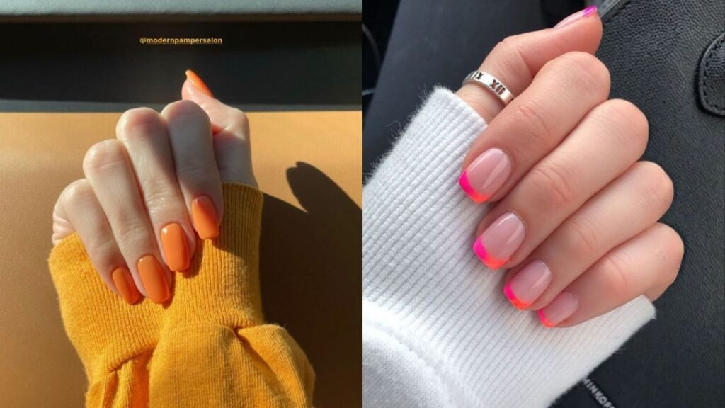 Sơn móng tay đẹp kiểu neon full móng (trái) và negative space (phải)