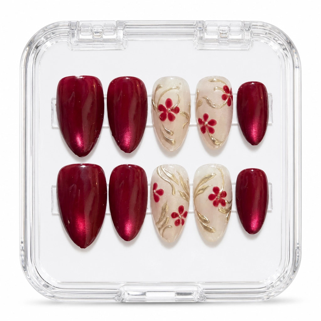 Press-on Nails Wholesale $6.90 Crimson Floral Elegance by Yabe Vietnam