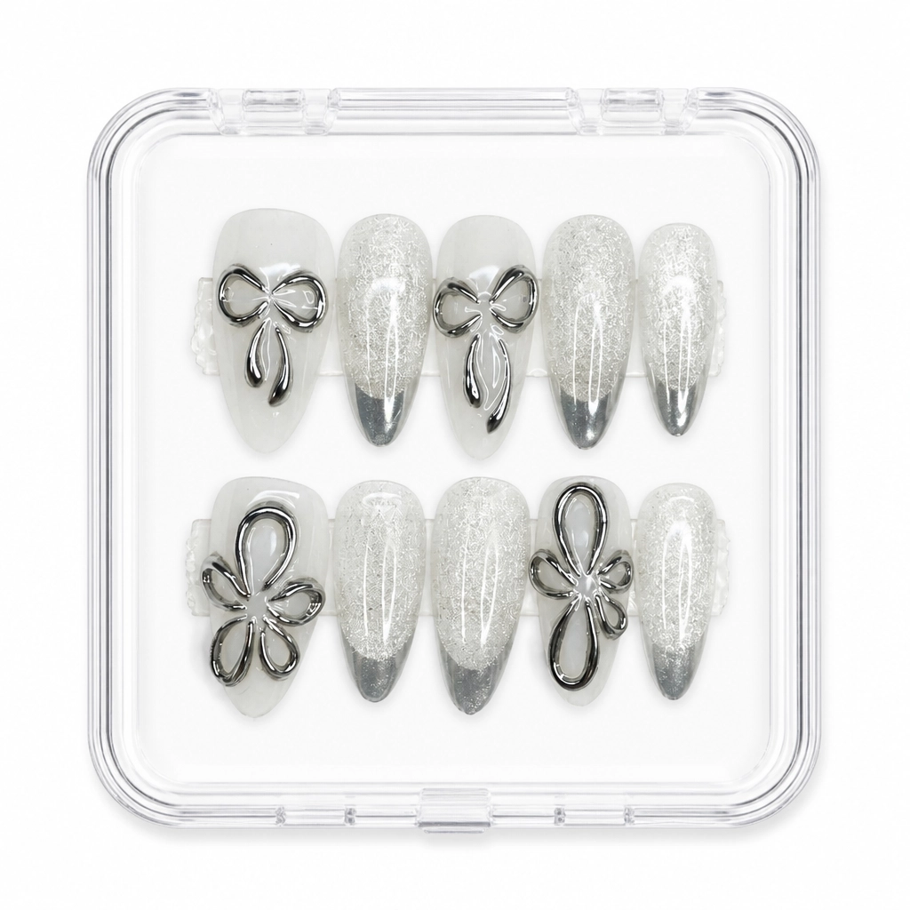 Press-on Nails Wholesale $6.90 Silver Bow Garden by Yabe Vietnam