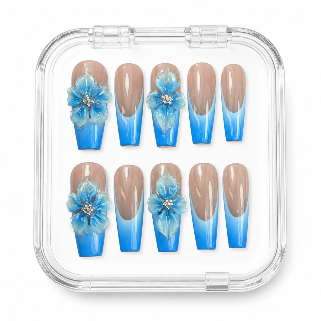 Press-on Nails Wholesale $7.90 Floral Blue Elegance by Yabe Vietnam