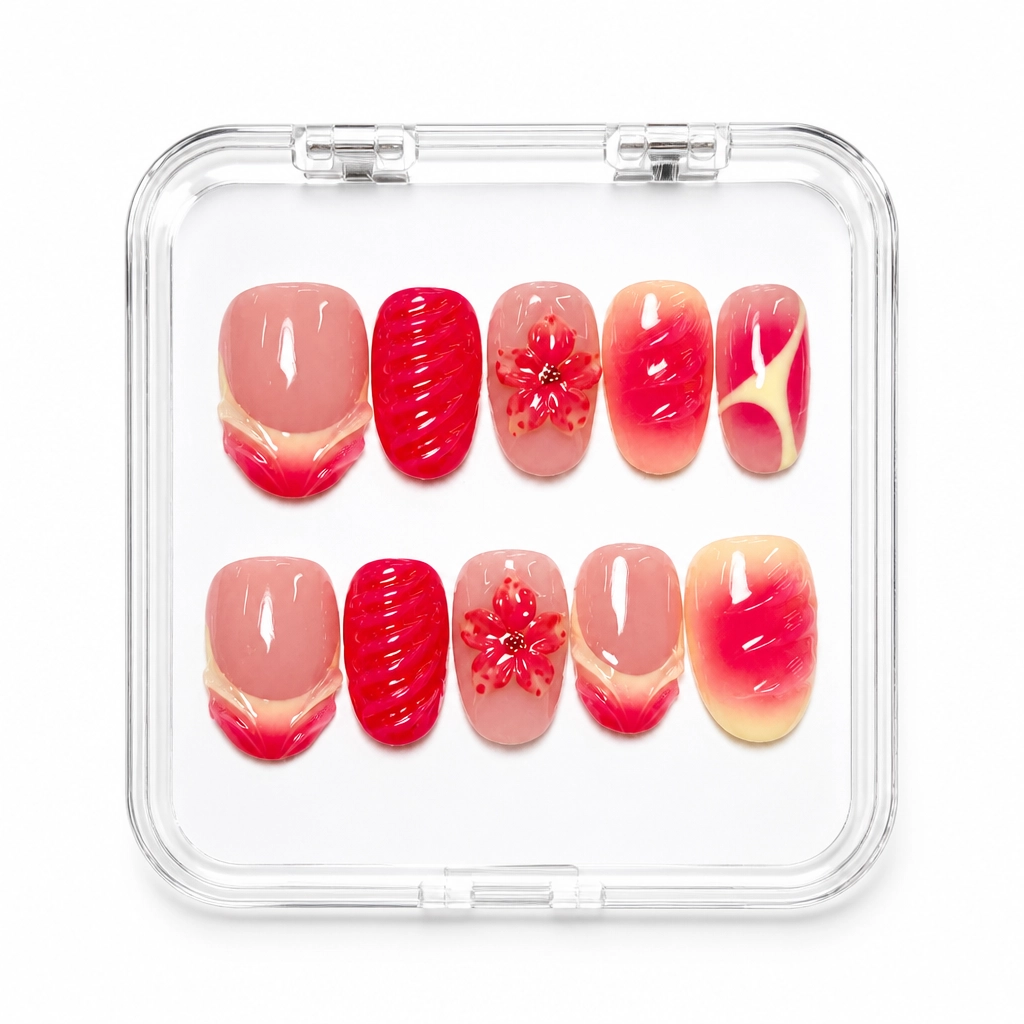 Press-on Nails Wholesale $7.90 Satin Crimson Bloom by Yabe Vietnam