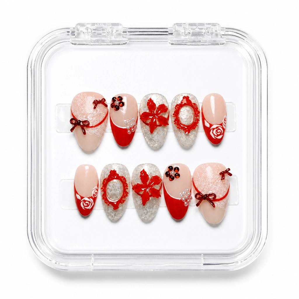 Press-on Nails Wholesale $7.90 Crimson Bows by Yabe Vietnam