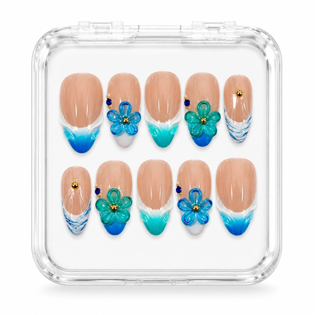 Press-on Nails Wholesale $7.90 Aqua Bloom by Yabe Vietnam