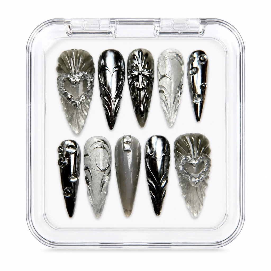 Press-on Nails Wholesale $7.90 Silver Feather Elegance by Yabe Vietnam