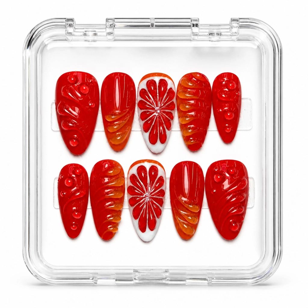 Press-on Nails Wholesale $7.90 Crimson Citrus by Yabe Vietnam