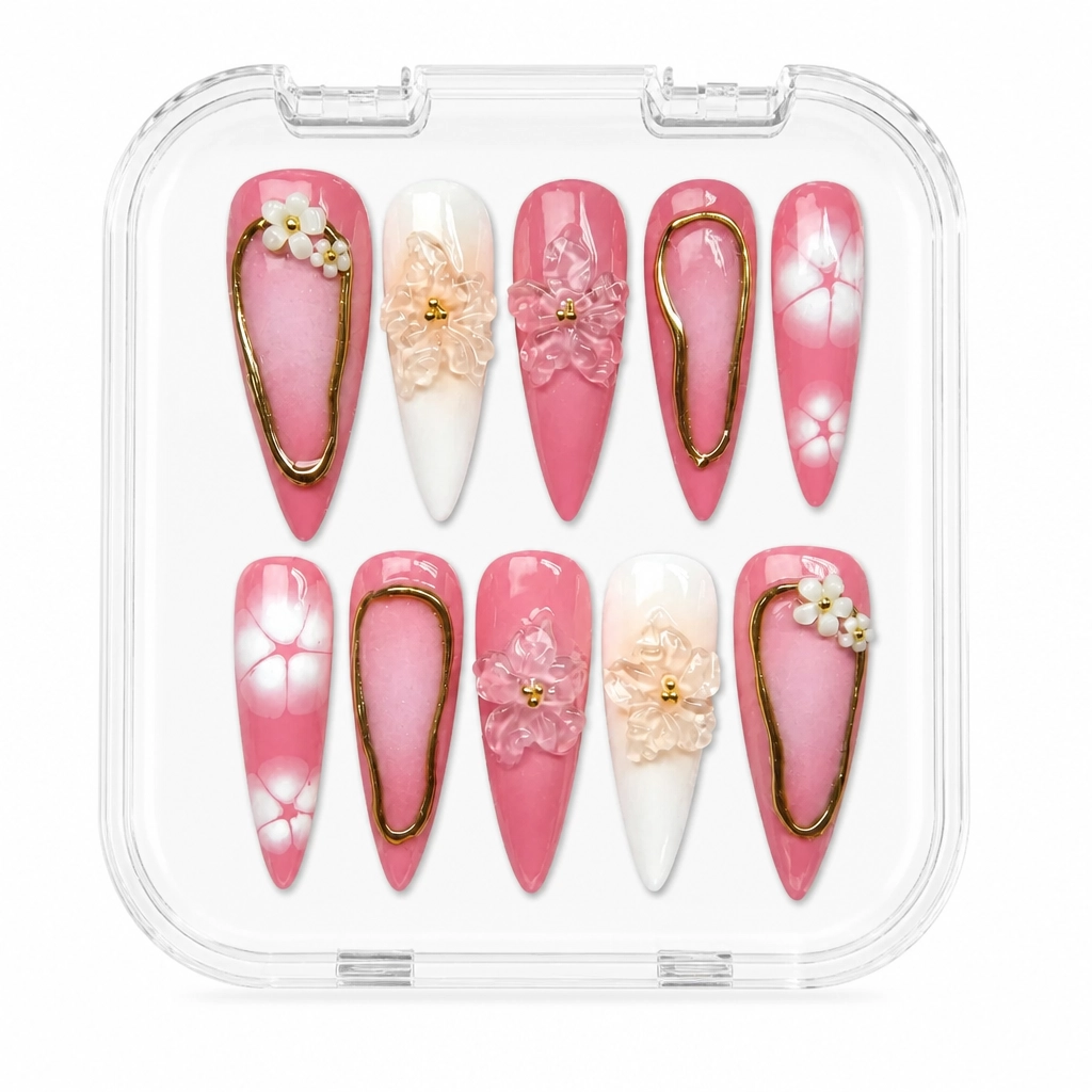 Press-on Nails Wholesale $7.90 Golden Floral Elegance by Yabe Vietnam