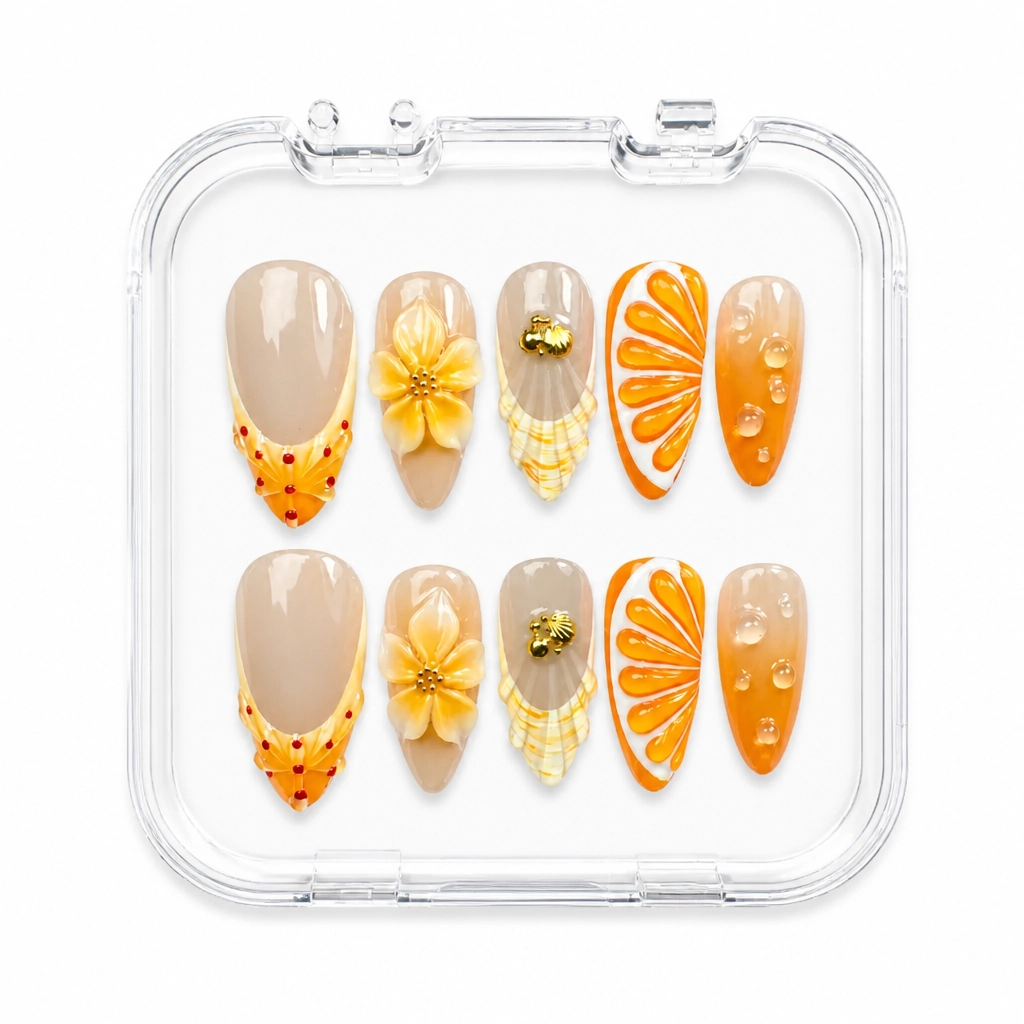 Press-on Nails Wholesale $7.90 Citrus Seashell Bliss by Yabe Vietnam