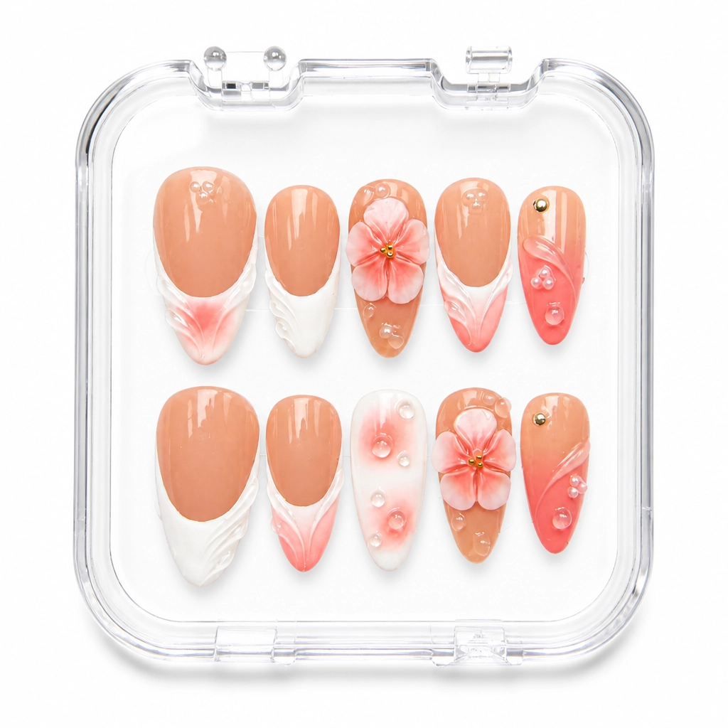 Press-on Nails Wholesale $7.90 Coral Dewdrop Bliss by Yabe Vietnam