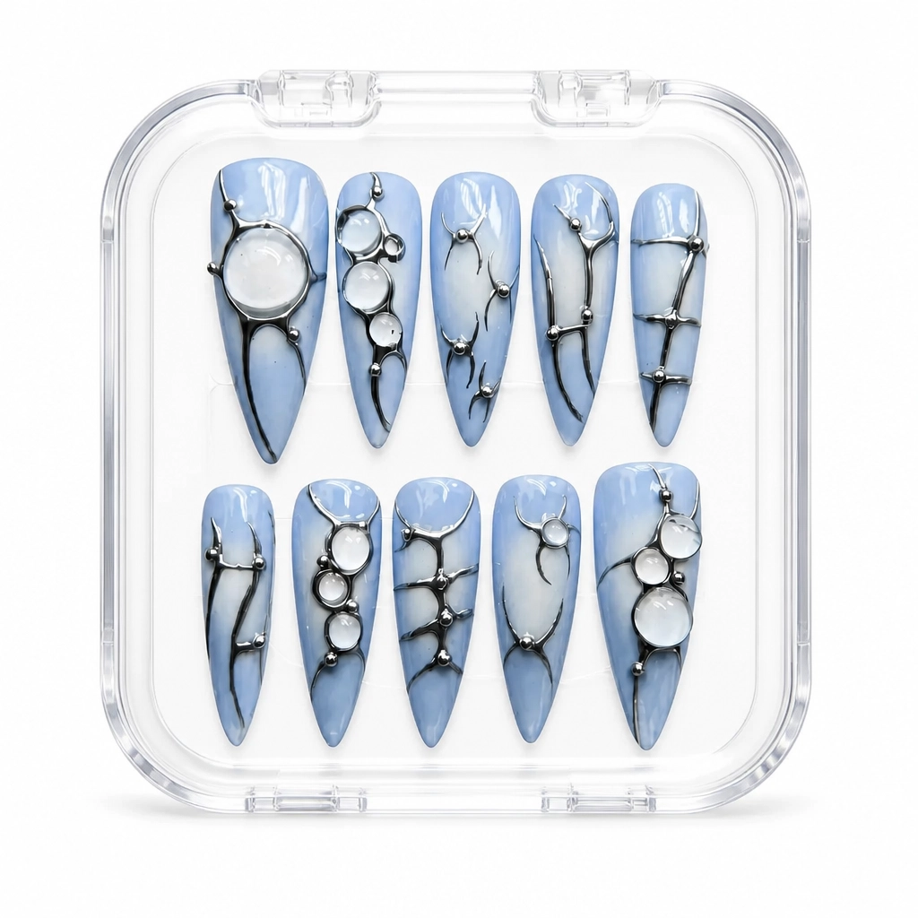 Press-on Nails Wholesale $7.90 Liquid Silver Dreams by Yabe Vietnam