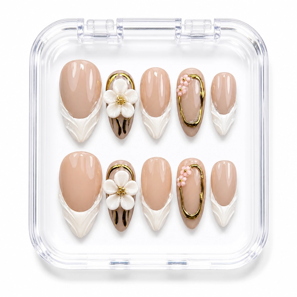 Press-on Nails Wholesale $7.90 Floral Gold Elegance by Yabe Vietnam