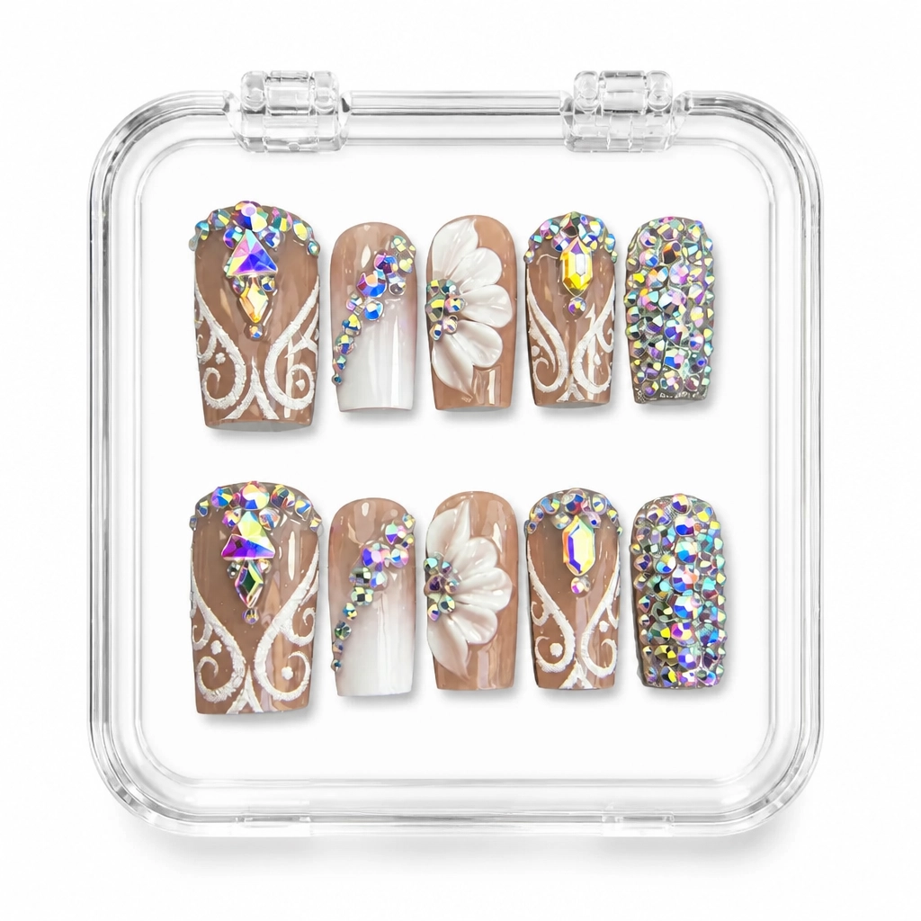Press-on Nails Wholesale $7.90 Crystal Flower Elegance by Yabe Vietnam