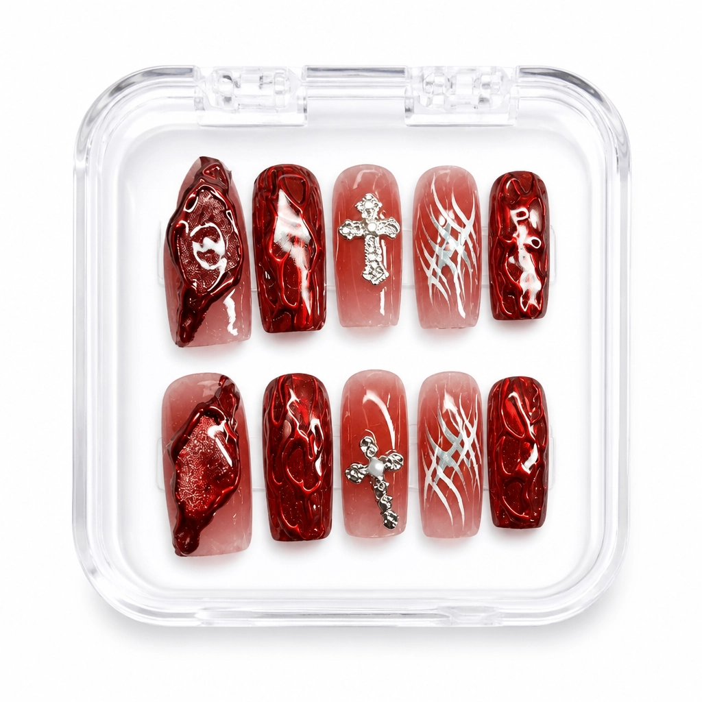 Press-on Nails Wholesale $7.90 Crimson Cyber Cross by Yabe Vietnam
