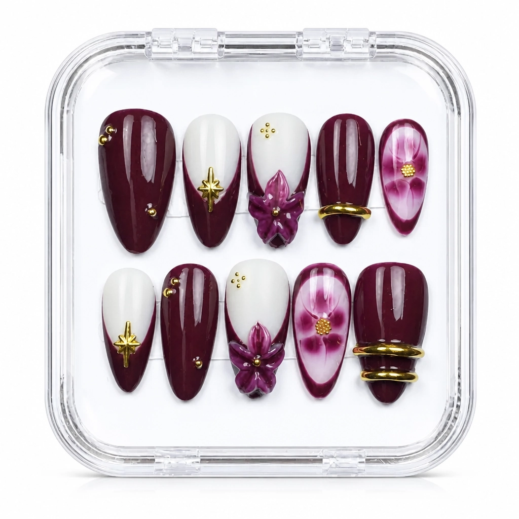 Press-on Nails Wholesale $7.90 Burgundy Bloom by Yabe Vietnam