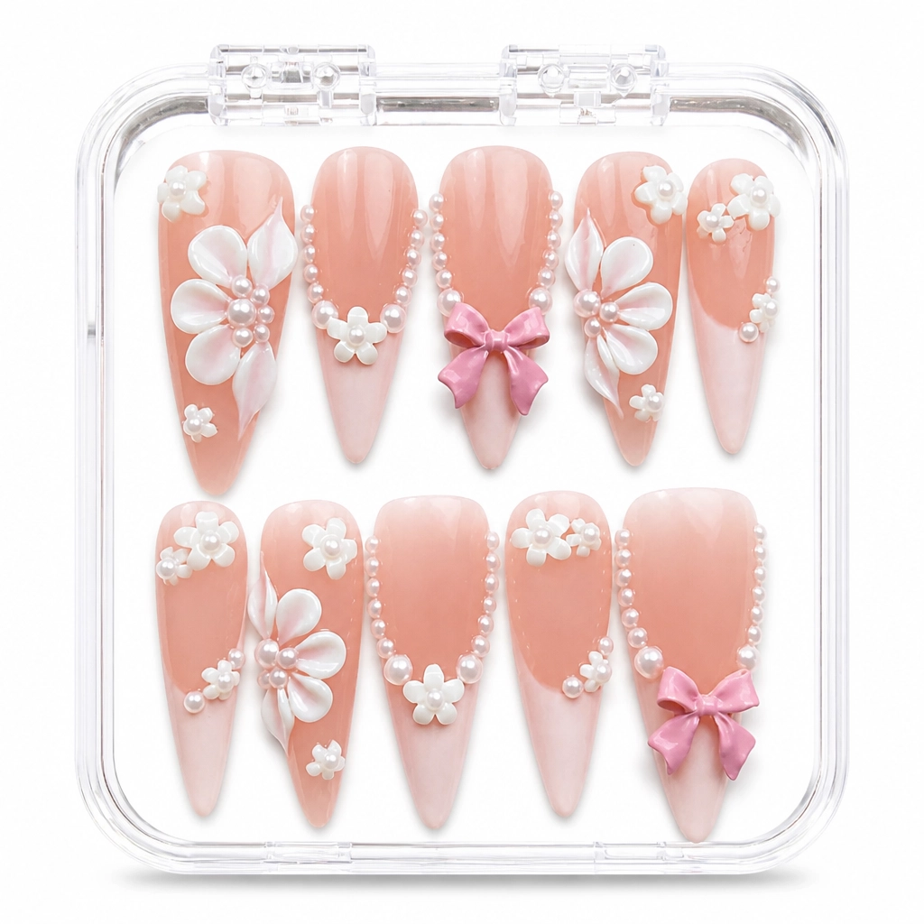 Press-on Nails Wholesale $7.90 Pearl Blossom Bow by Yabe Vietnam