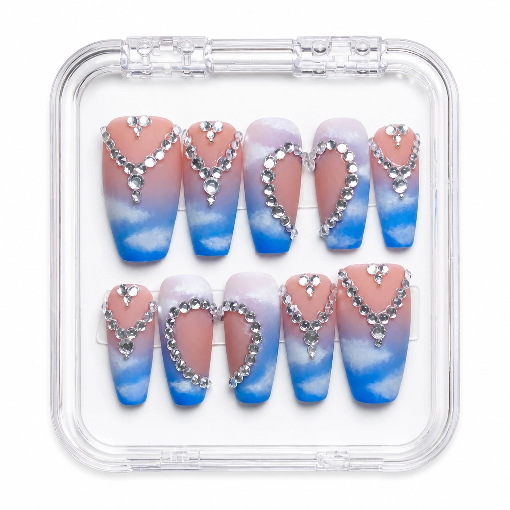 Press-on Nails Wholesale $7.90 Azure Heart Glamour by Yabe Vietnam