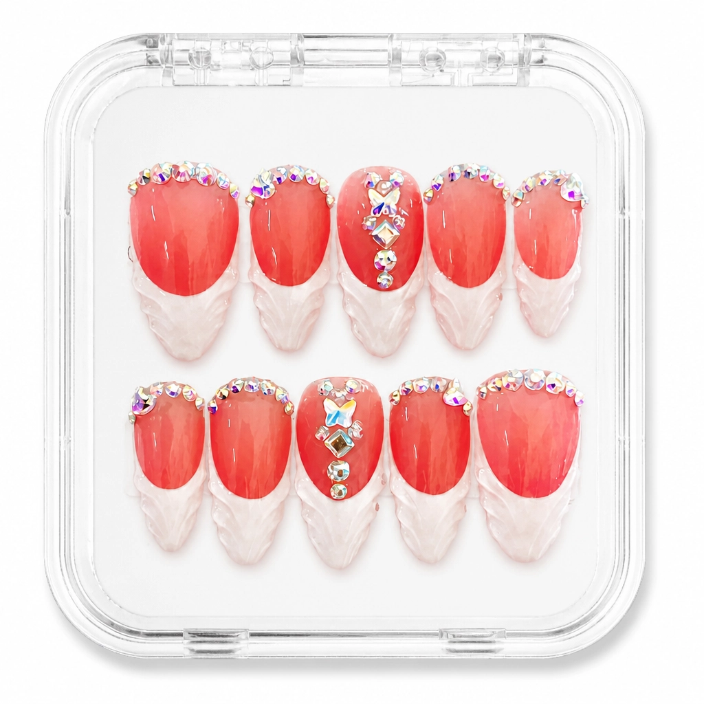 Press-on Nails Wholesale $7.90 Coral Crystal Elegance by Yabe Vietnam