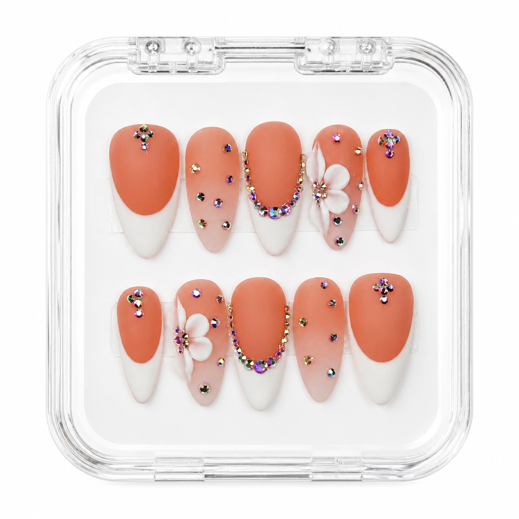 Press-on Nails Wholesale $7.90 Peachy Floral Elegance by Yabe Vietnam