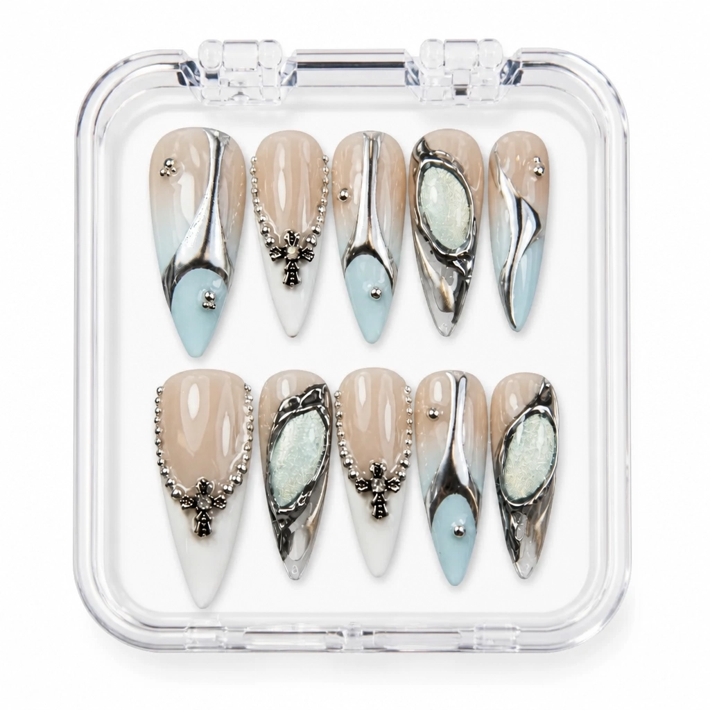 Press-on Nails Wholesale $7.90 Silver Cross Elegance by Yabe Vietnam