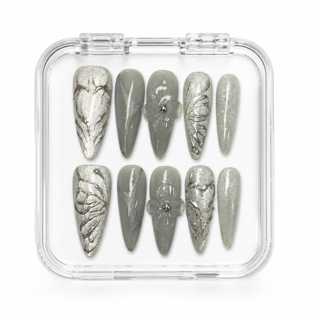 Press-on Nails Wholesale $7.90 Silver Meadow Whisper by Yabe Vietnam
