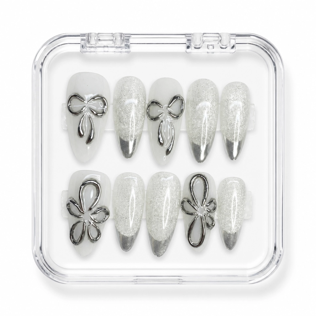 Press-on Nails Wholesale $7.90 Silver Bow Glam by Yabe Vietnam