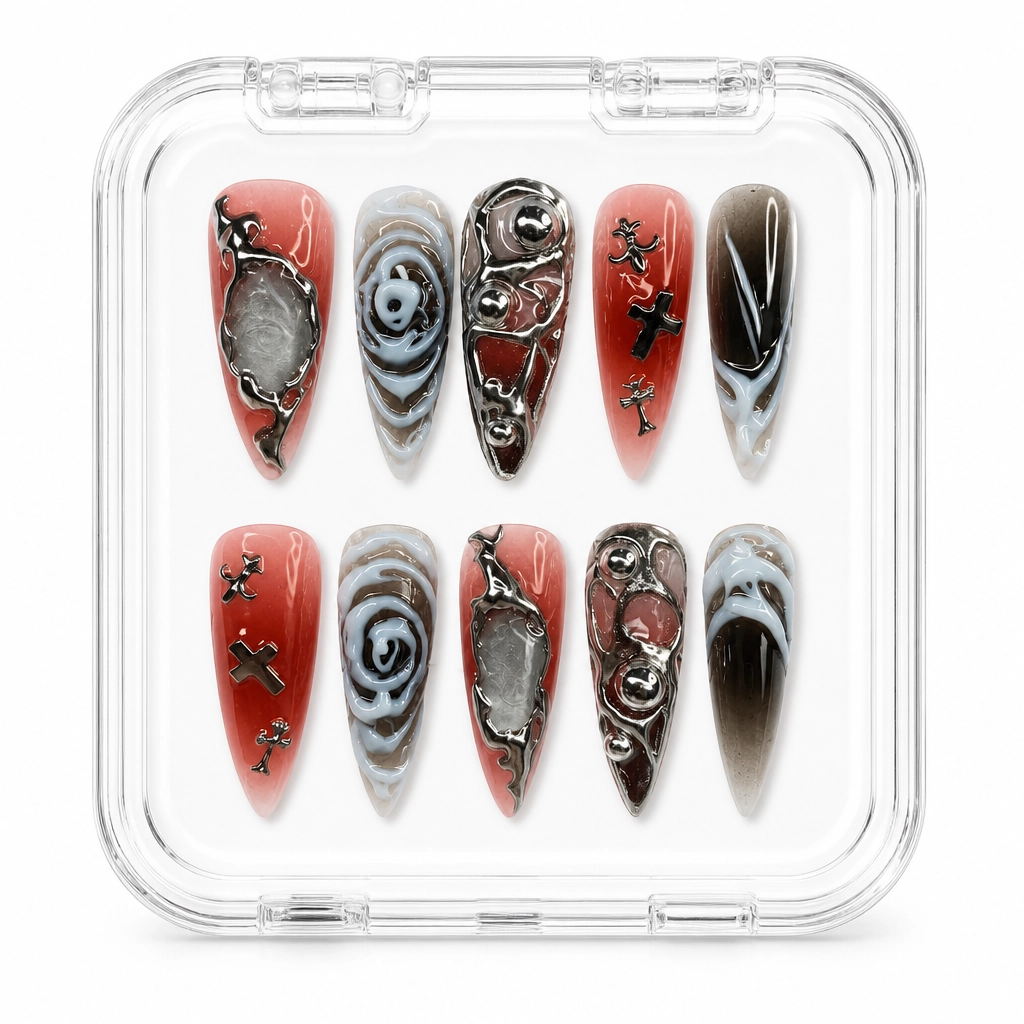 Press-on Nails Wholesale $7.90 Crimson Cyber Rose by Yabe Vietnam