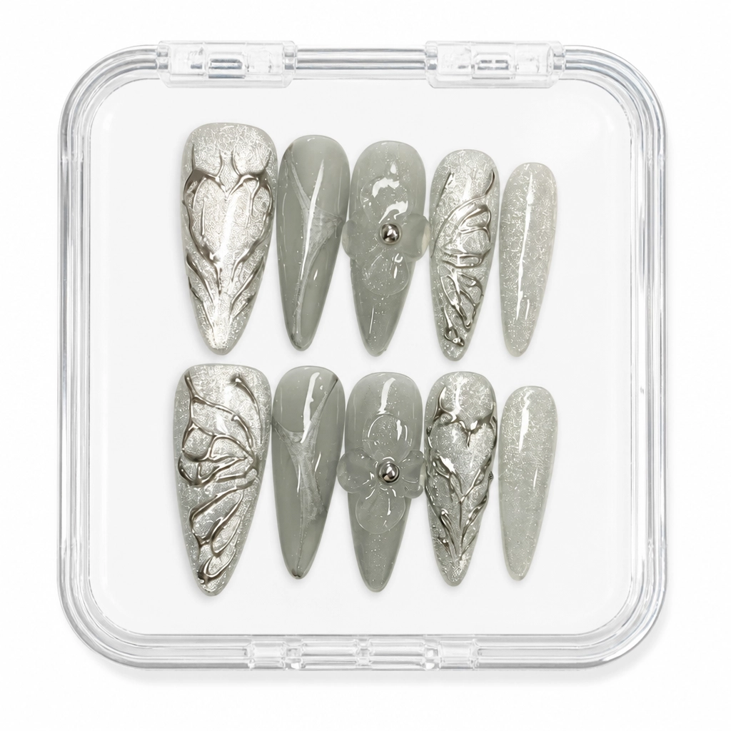 Press-on Nails Wholesale $7.90 Silver Butterfly Bliss by Yabe Vietnam