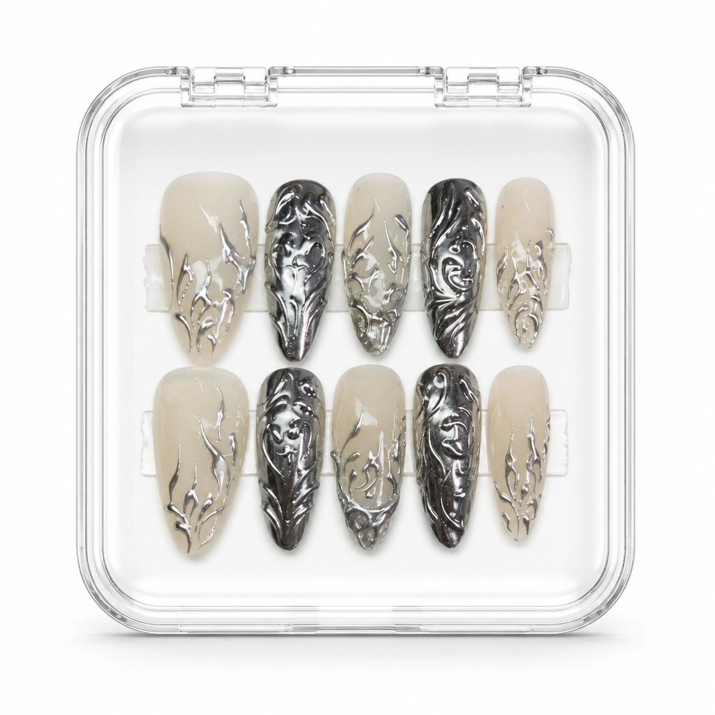 Press-on Nails Wholesale $7.90 Liquid Silver Cyber by Yabe Vietnam