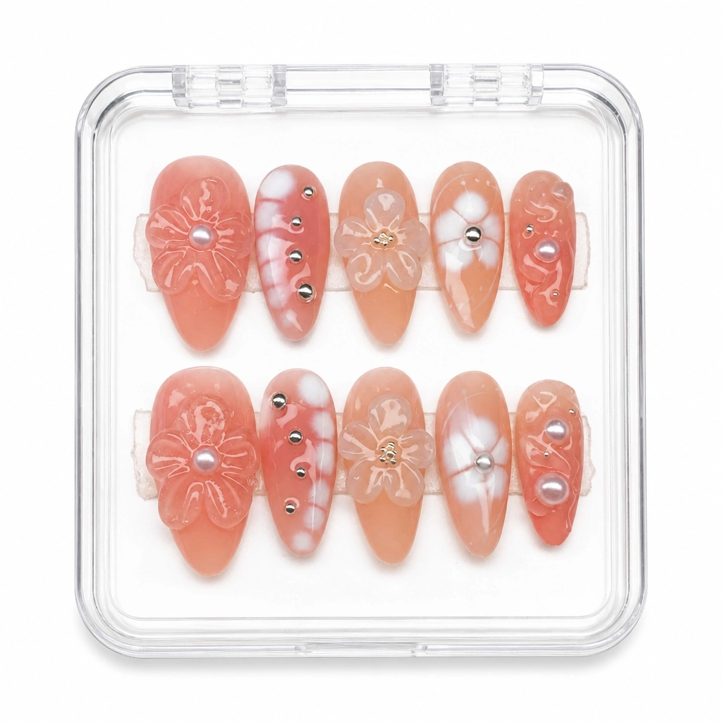 Press-on Nails Wholesale $7.90 Peach Blossom Elegance by Yabe Vietnam