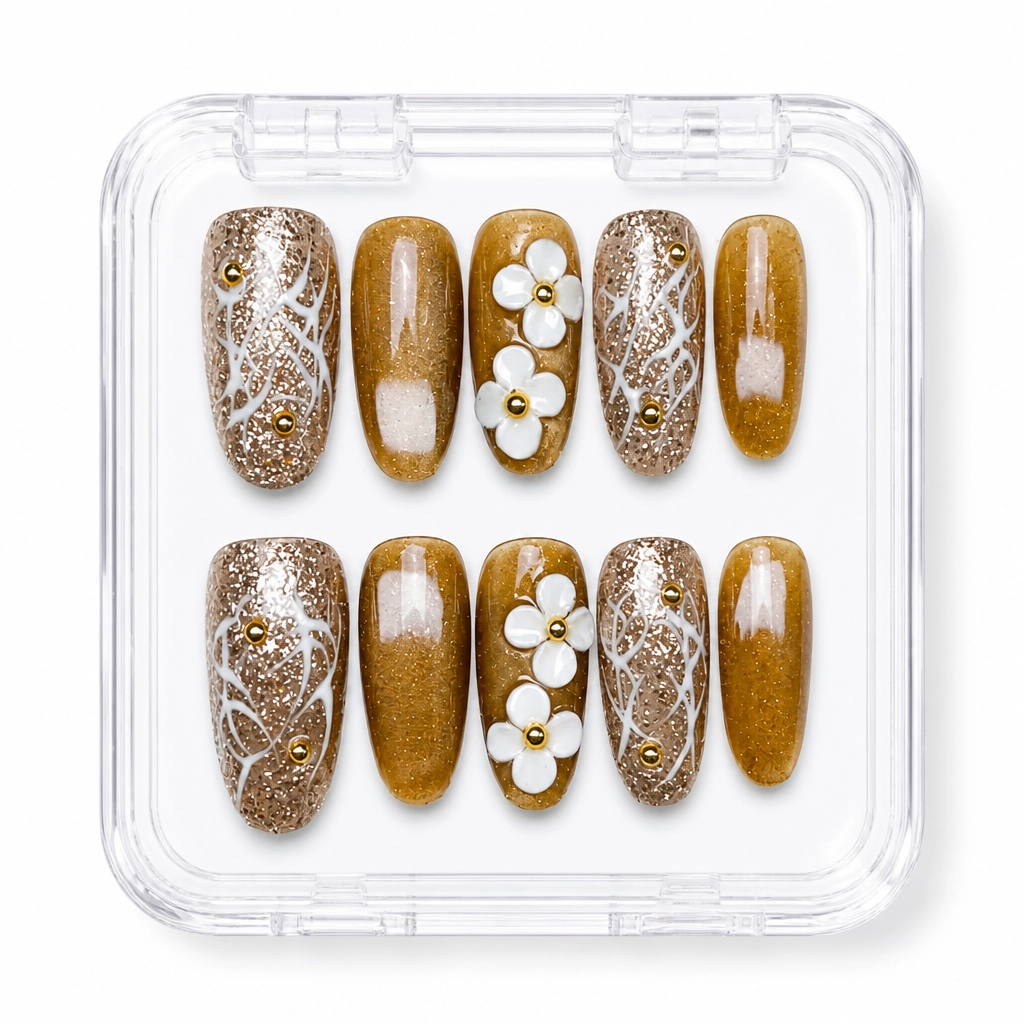 Press-on Nails Wholesale $7.90 Golden Blossom Glitz by Yabe Vietnam