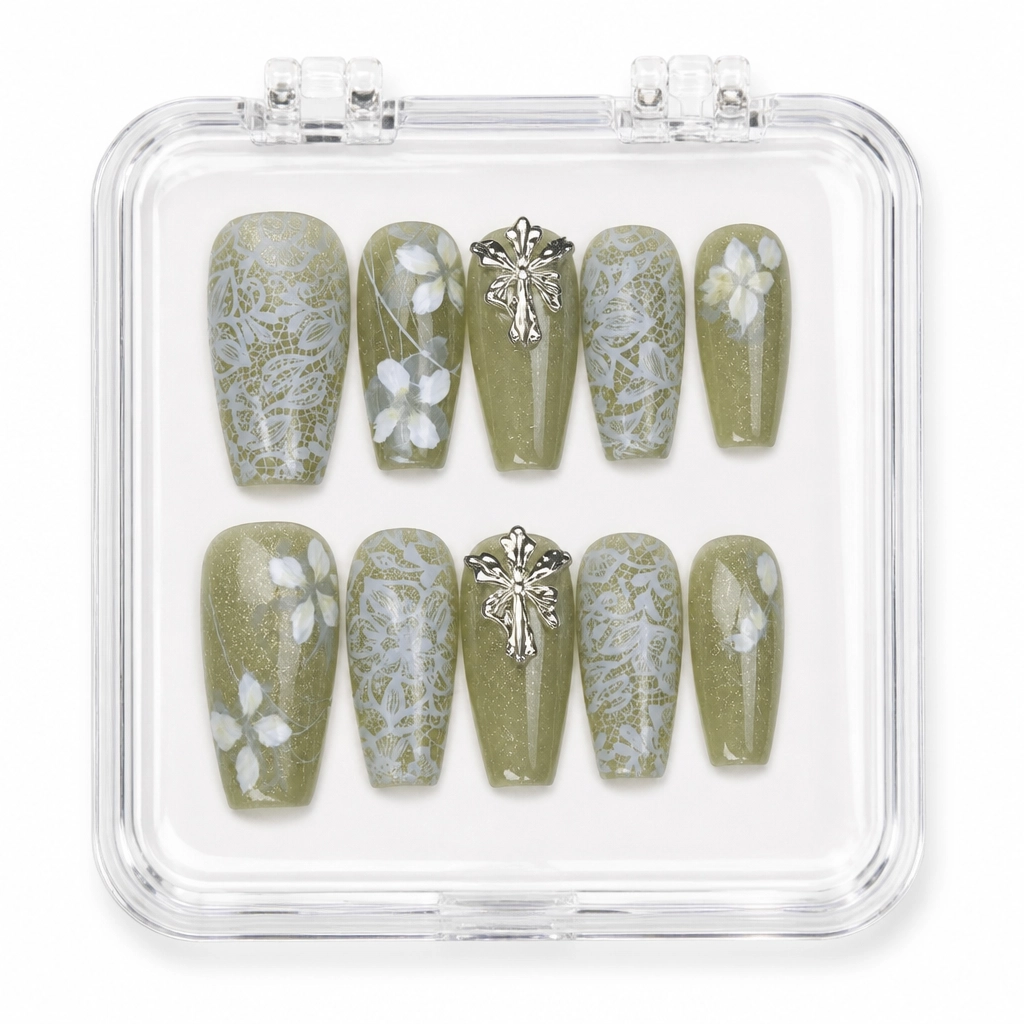 Press-on Nails Wholesale $7.90 Sage Lace Whisper by Yabe Vietnam