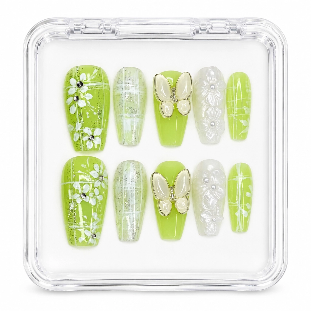 Press-on Nails Wholesale $7.90 Lime Blossom Flutter by Yabe Vietnam