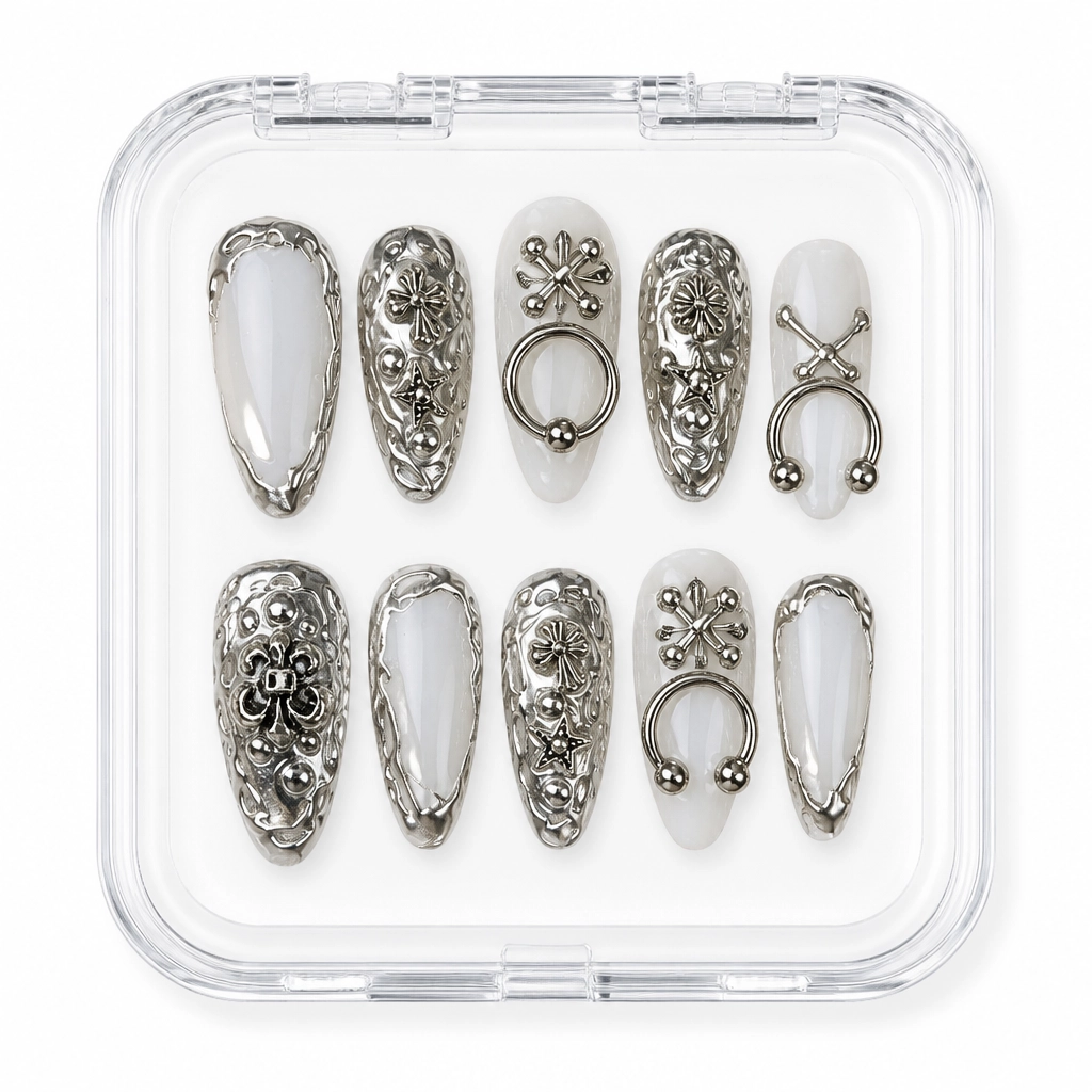 Press-on Nails Wholesale $7.90 Silver Pierced Glam by Yabe Vietnam