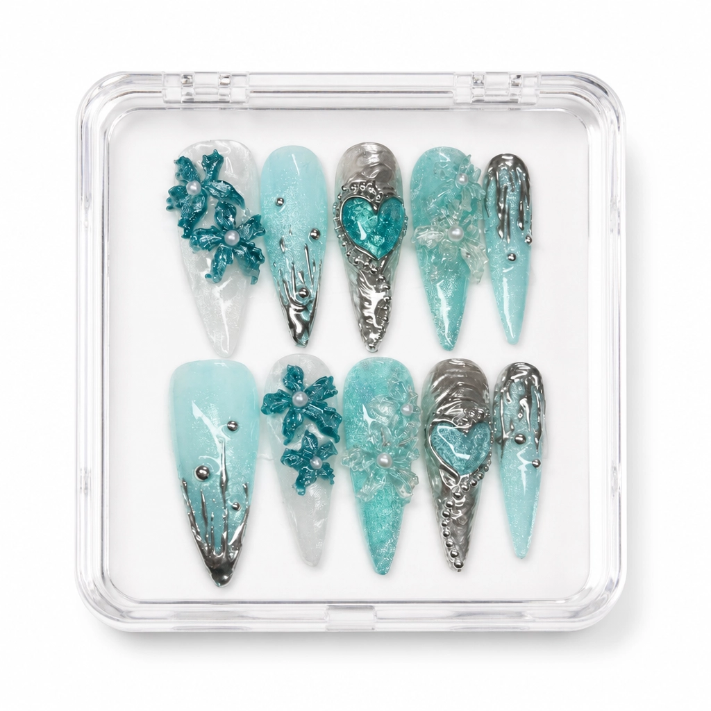 Press-on Nails Wholesale $7.90 Teal Chrome Enchantment by Yabe Vietnam