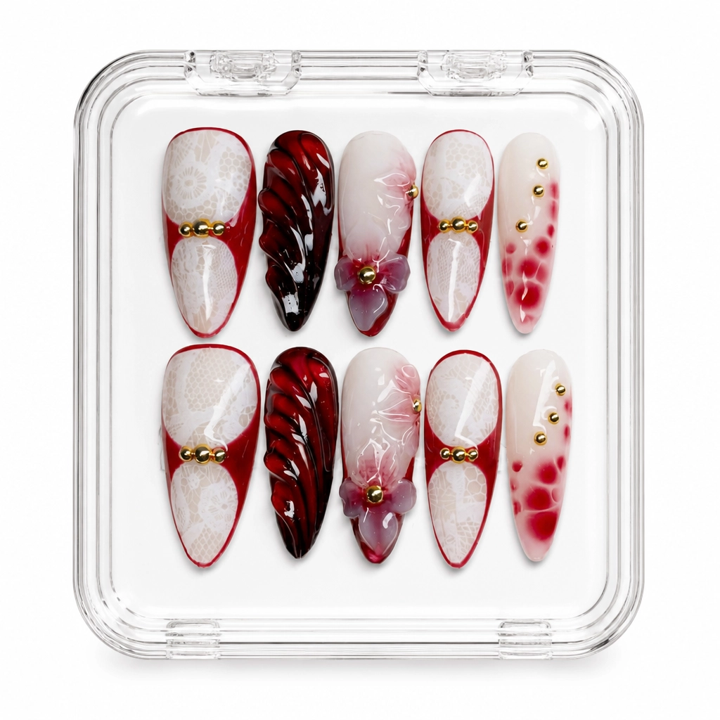 Press-on Nails Wholesale $7.90 Crimson Lace Blossom by Yabe Vietnam