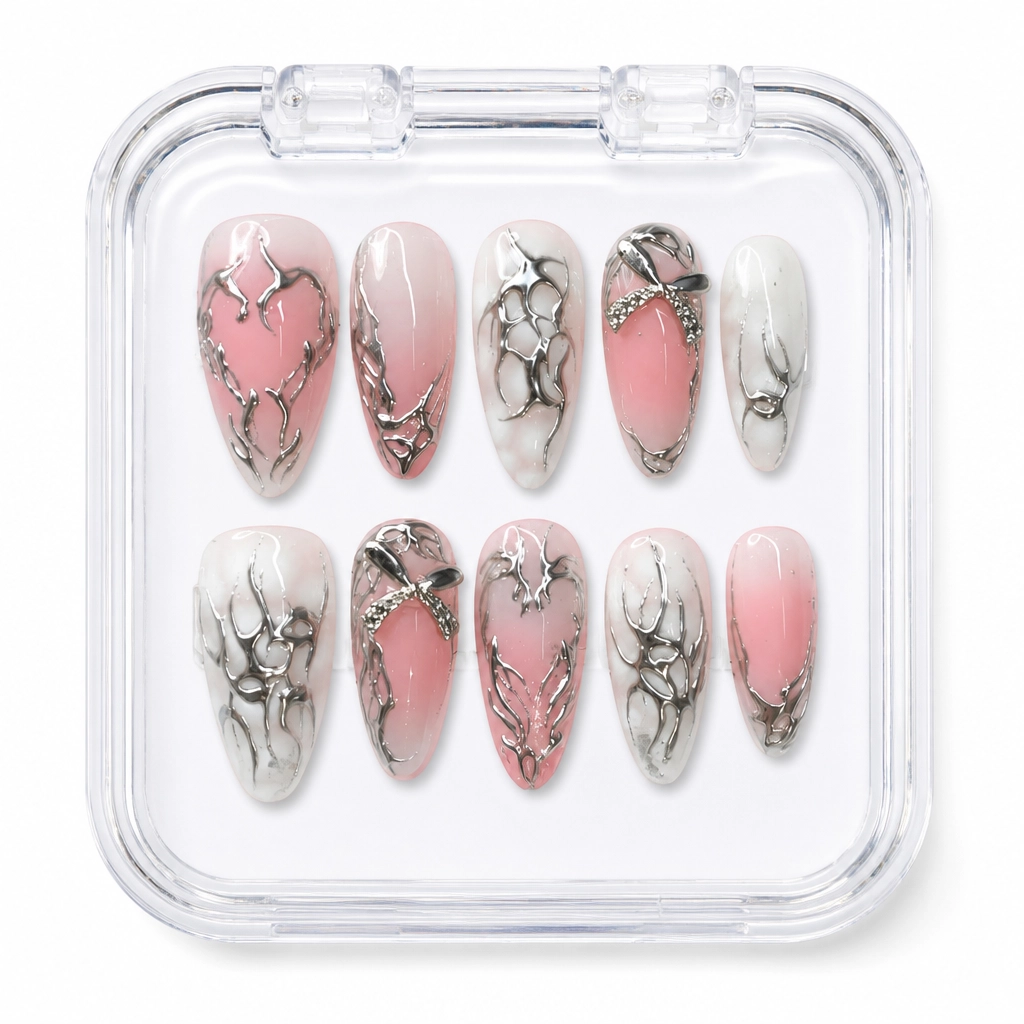 Press-on Nails Wholesale $7.90 Chrome Bow Aura by Yabe Vietnam