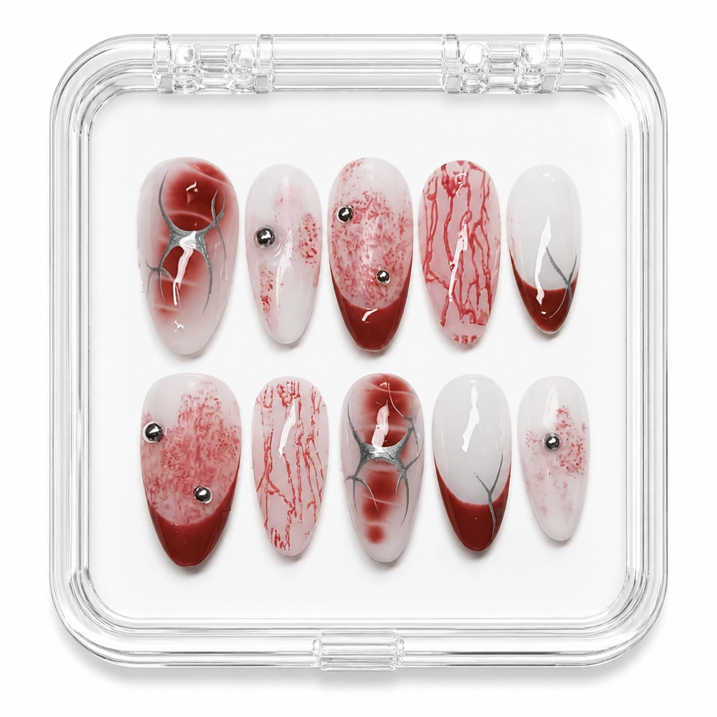 Press-on Nails Wholesale $7.90 Crimson Vein Elegance by Yabe Vietnam