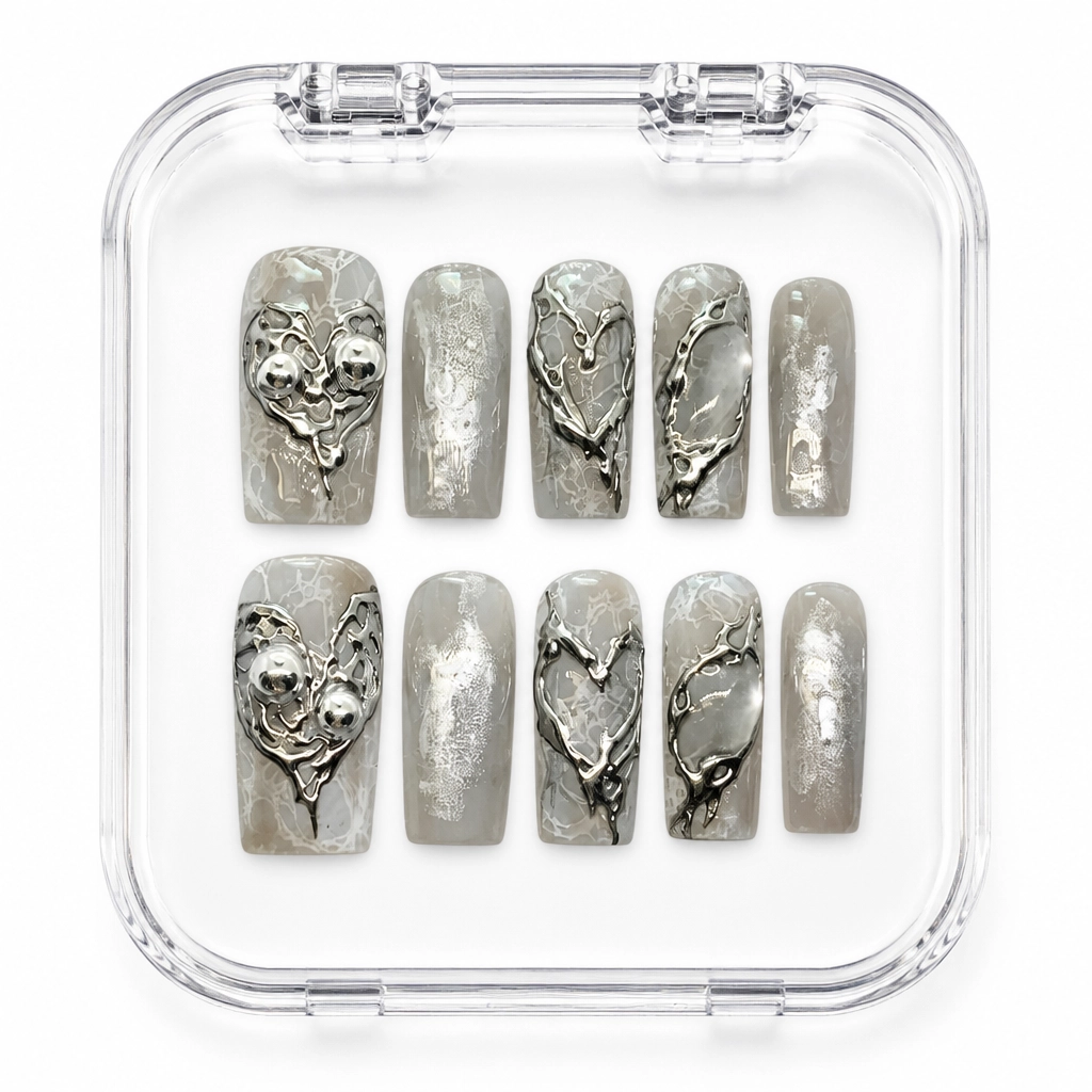 Press-on Nails Wholesale $7.90 Silver Heart Chrome by Yabe Vietnam