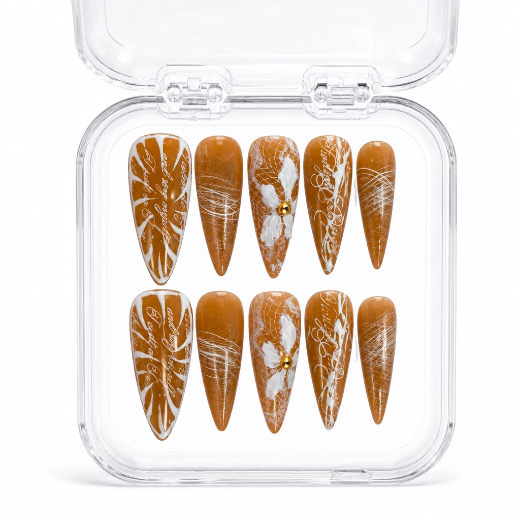 Press-on Nails Wholesale $7.90 Caramel Lace Elegance by Yabe Vietnam