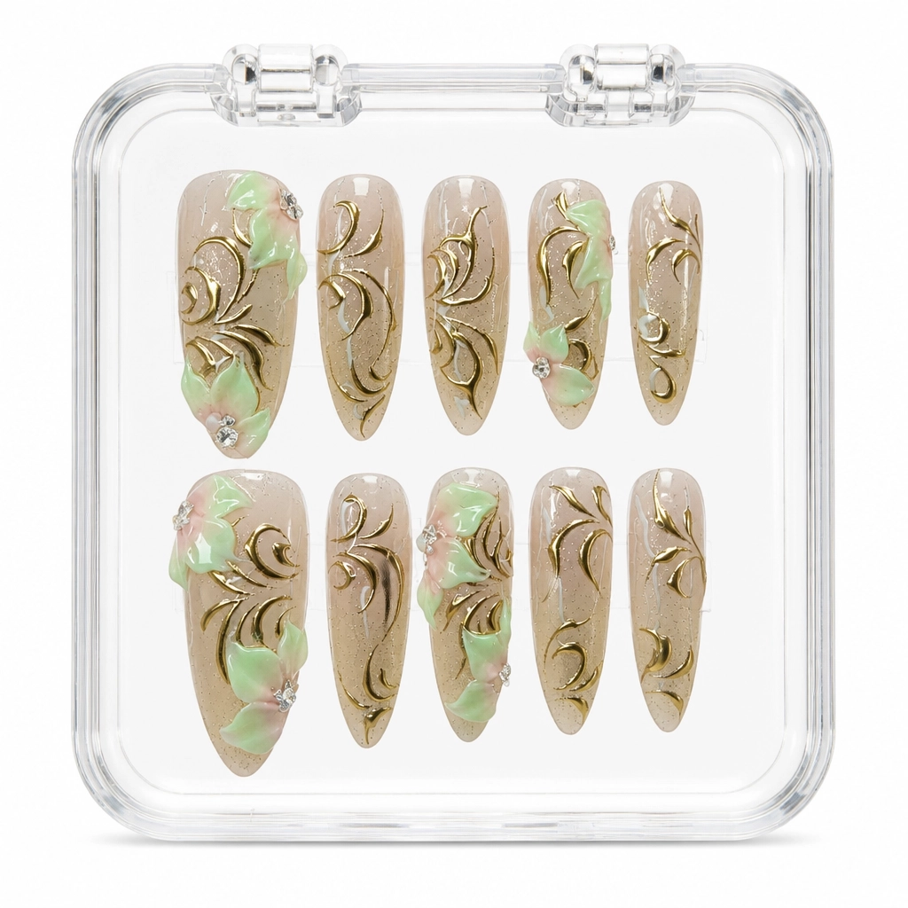 Press-on Nails Wholesale $7.90 Gilded Mint Blossom by Yabe Vietnam