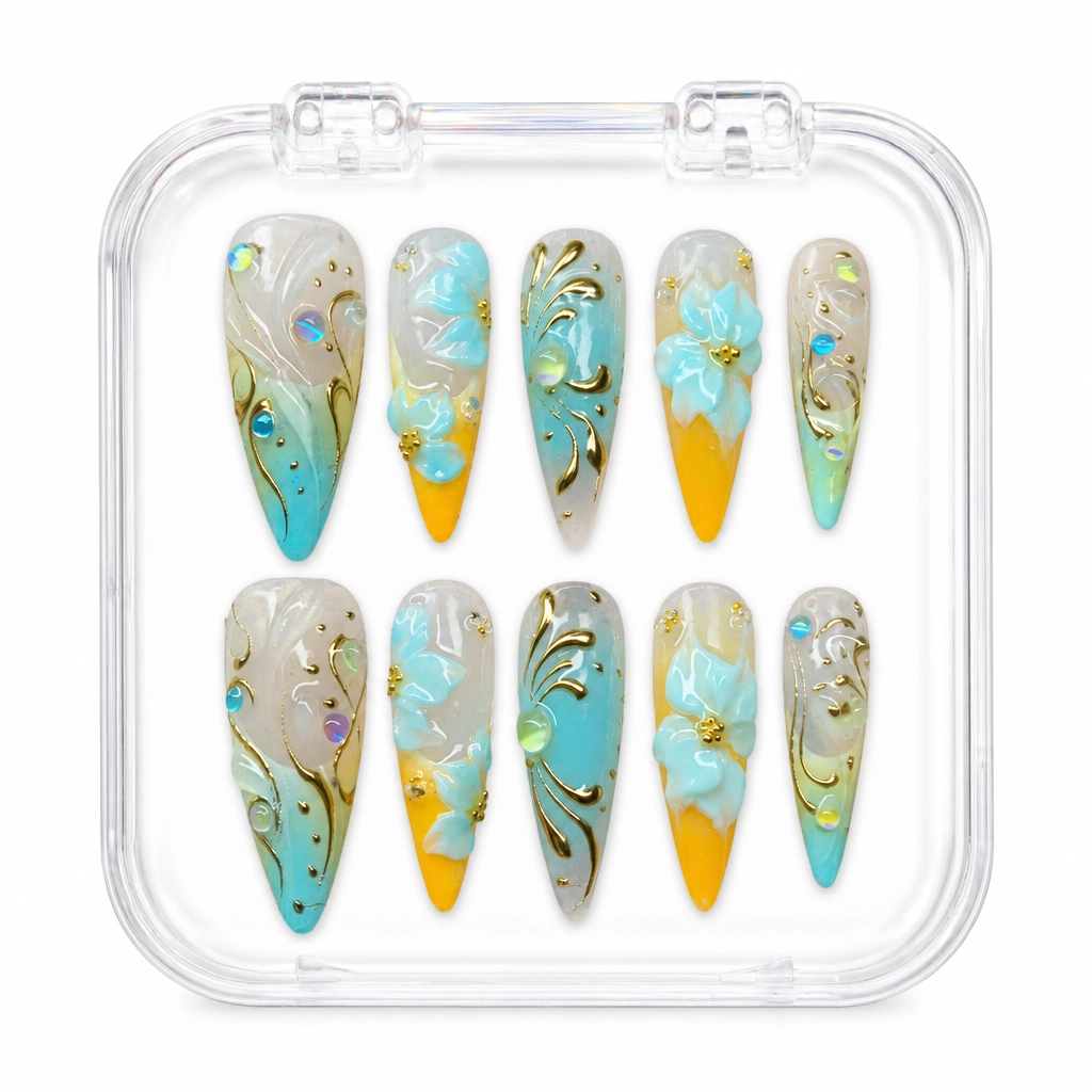 Press-on Nails Wholesale $7.90 Azure Sunlit Blooms by Yabe Vietnam