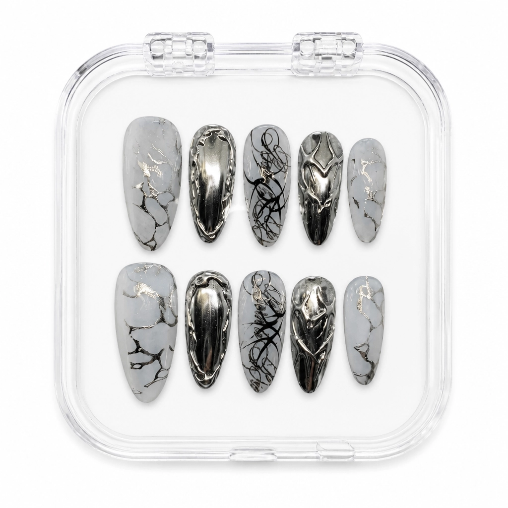 Press-on Nails Wholesale $7.90 Liquid Silver Marble by Yabe Vietnam