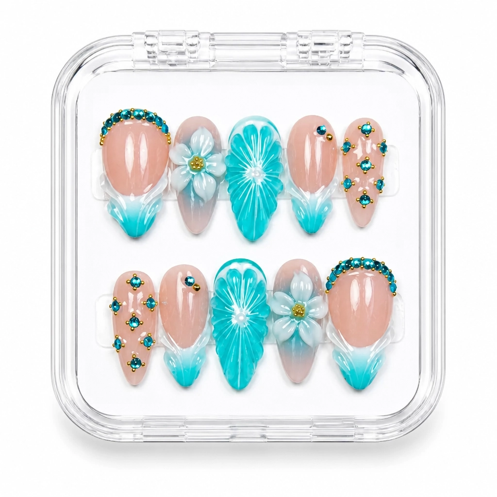 Press-on Nails Wholesale $9.90 Turquoise Bloom by Yabe Vietnam