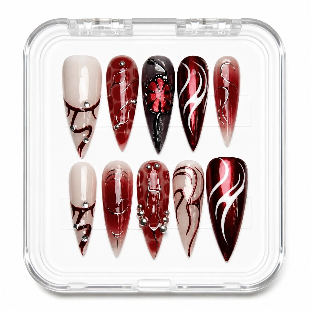 Press-on Nails Wholesale $9.90 Satin Crimson Elegance by Yabe Vietnam