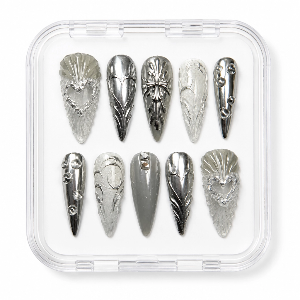 Press-on Nails Wholesale $9.90 Silver Feather Luxe by Yabe Vietnam