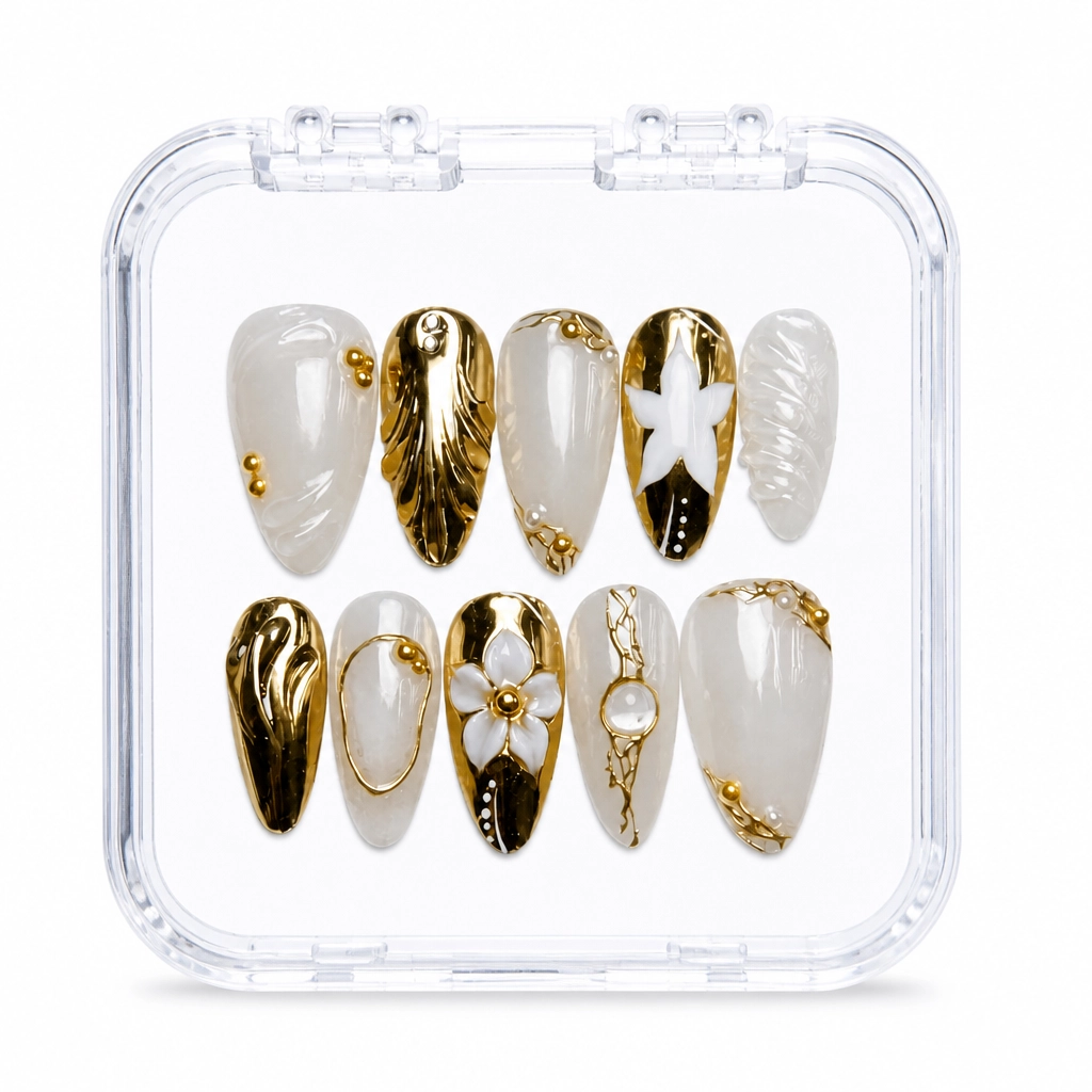 Press-on Nails Wholesale $9.90 White Gold Elegance by Yabe Vietnam