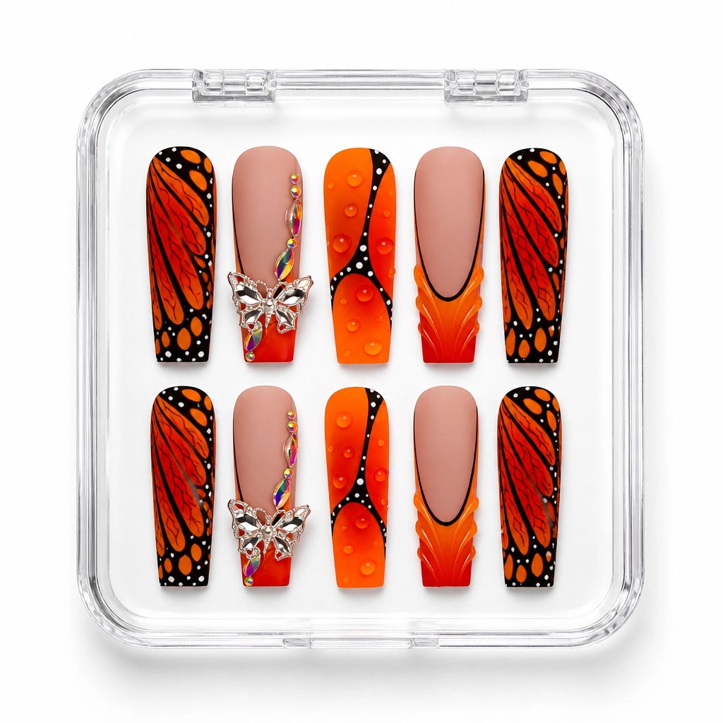 Press-on Nails Wholesale $9.90 Orange Monarch Luxe by Yabe Vietnam
