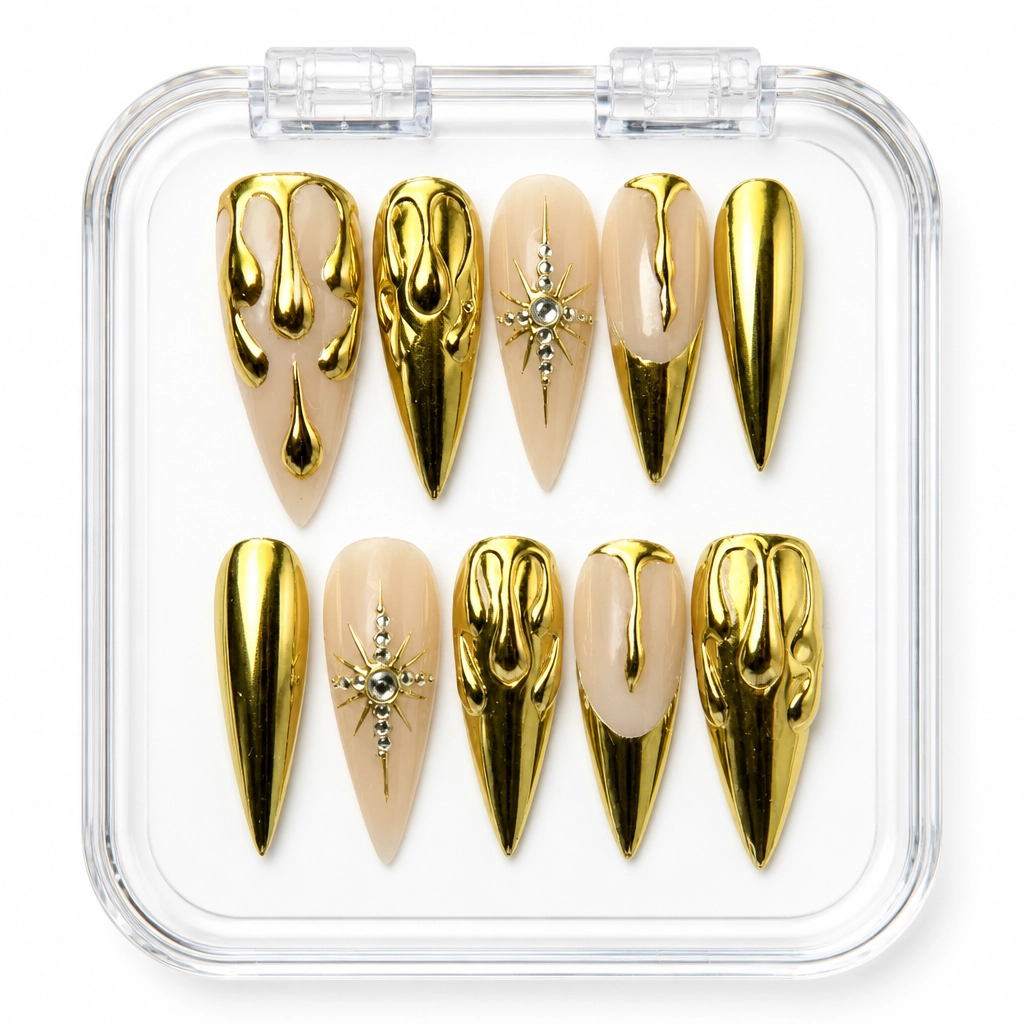 Press-on Nails Wholesale $9.90 Liquid Gold Stiletto by Yabe Vietnam