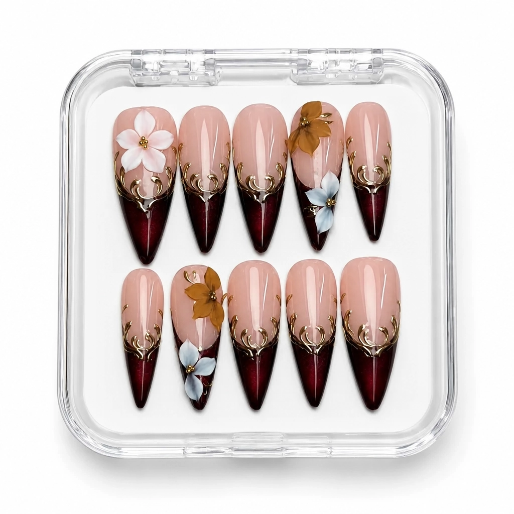 Press-on Nails Wholesale $9.90 Burgundy Blossom by Yabe Vietnam