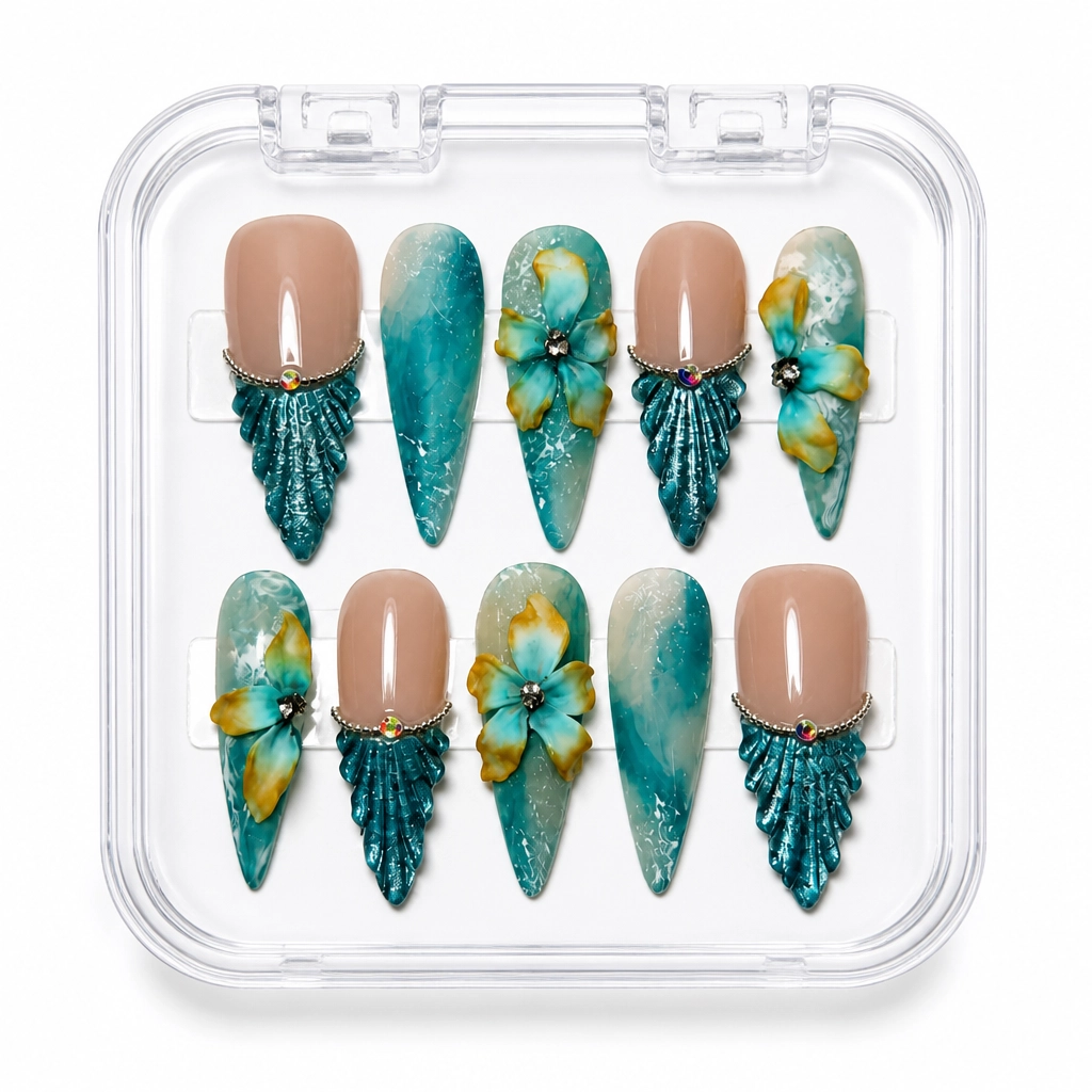 Press-on Nails Wholesale $9.90 Teal Blossom Elegance by Yabe Vietnam